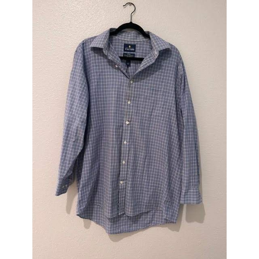 Stafford Travel Mens Blue Plaid Regular Fit Button Down Shirt 16 32-33